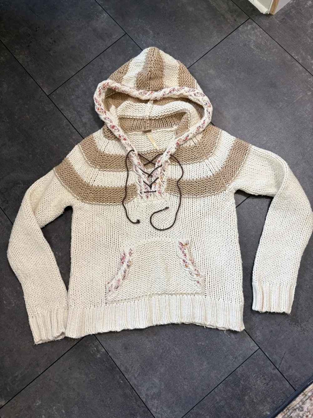 Free People Lace-Up Hooded Striped Knit Sweater - Cream & Tan